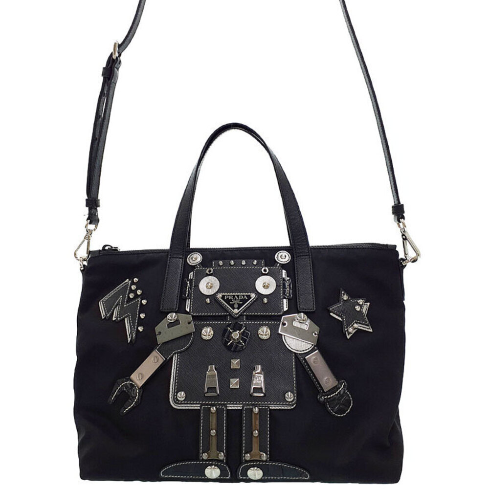Prada Tessuto Robot Tote motif leather embellishments Black